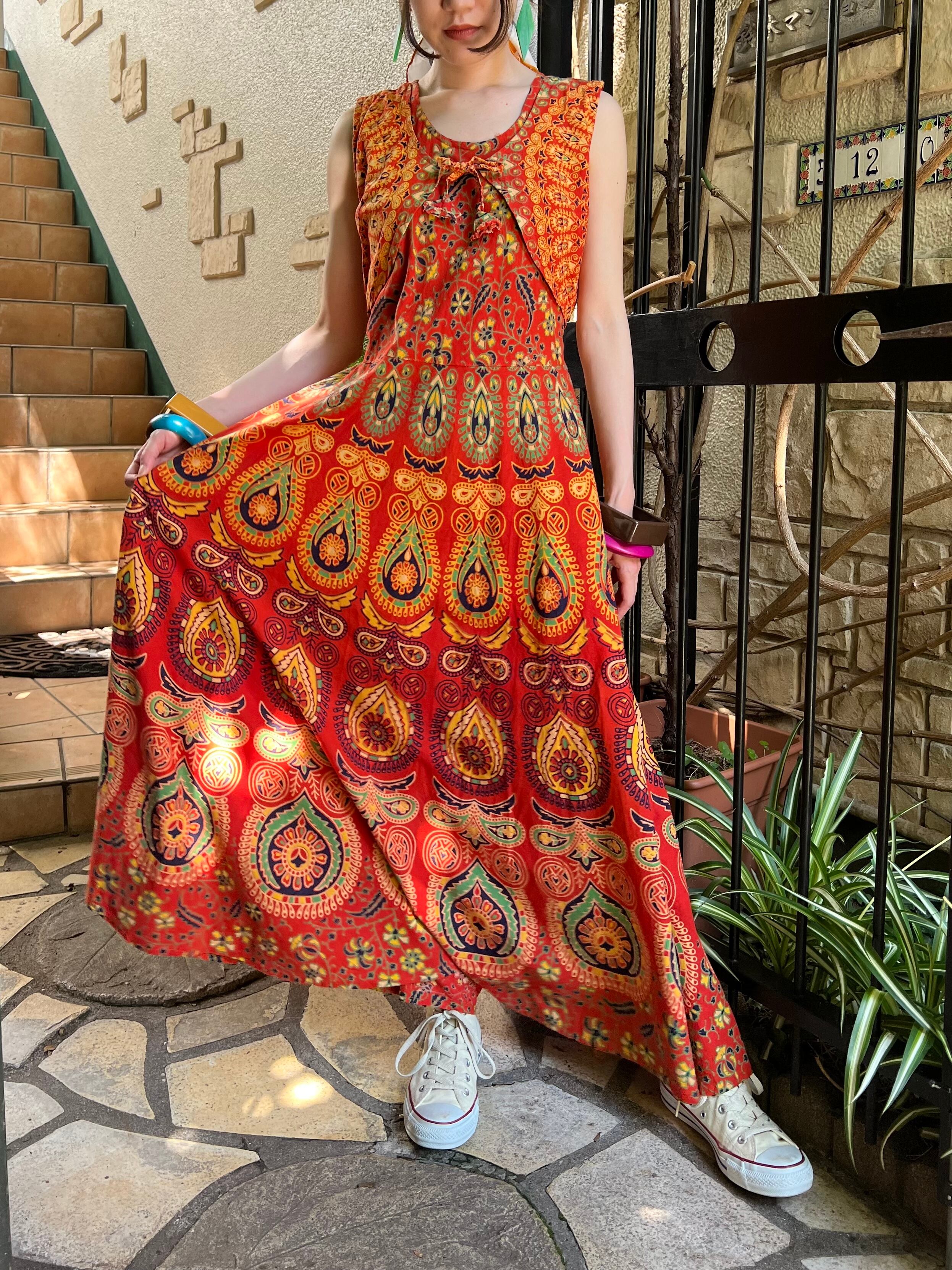 70s Orange Floral Sleevevess Cotton Dress ヴィンテージ オレンジ 花柄 ノースリーブ コットン ワンピース Riyad Vintage Shop