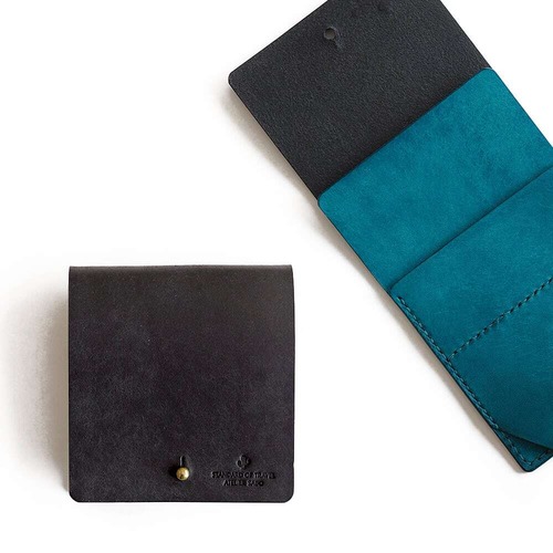 薄い 二つ折り財布【ブラック×ターコイズ】ブランド メンズ レディース 鍵 コンパクト レザー 革 ハンドメイド 手縫い