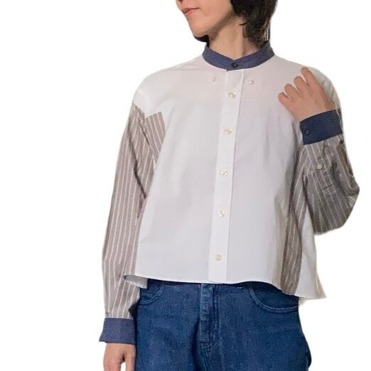 ZOZOTTE リメイクシャツ ショート丈パッチワーク/ホワイト&グレー系ストライプ柄