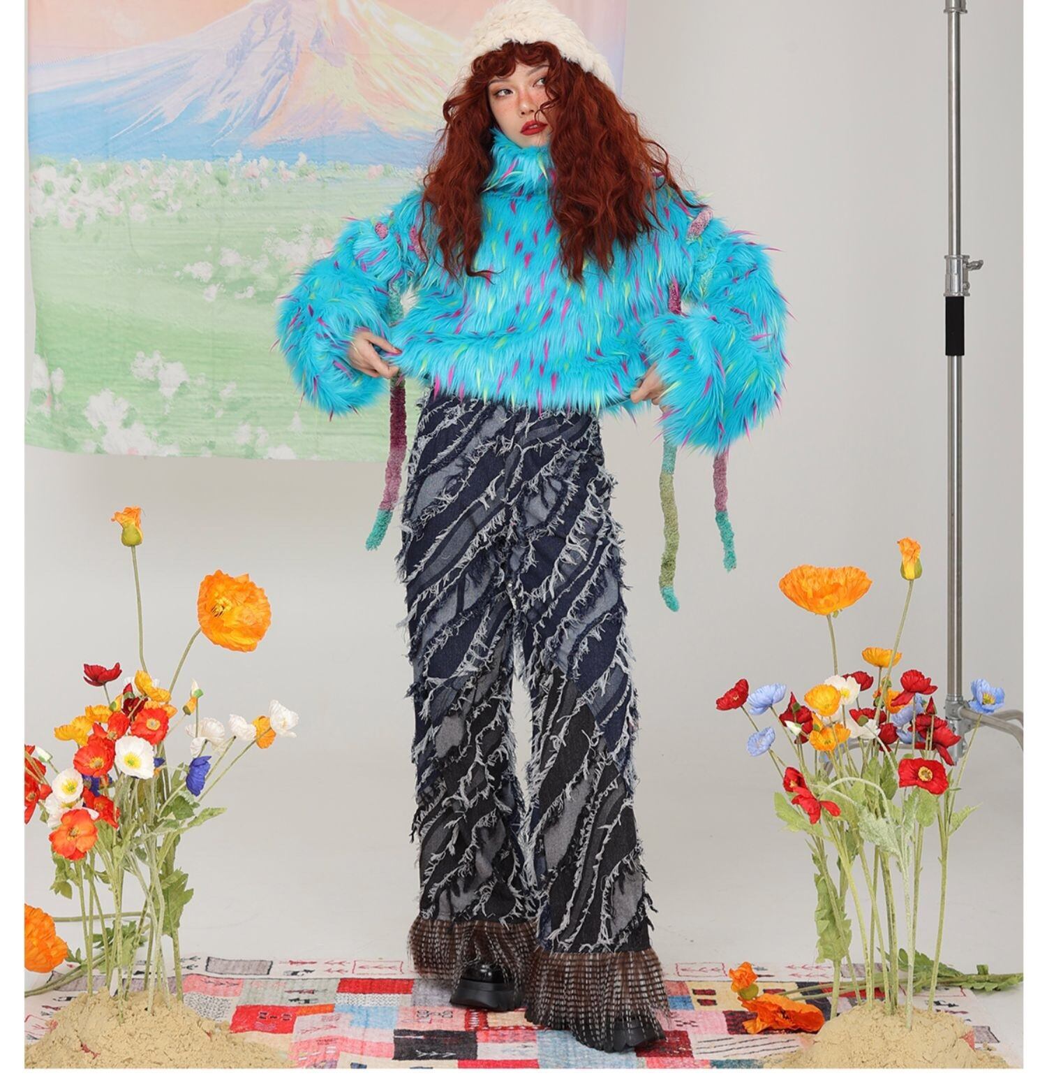 コート トレーナー スウェット ファー アームウォーマー 蛍光 水色