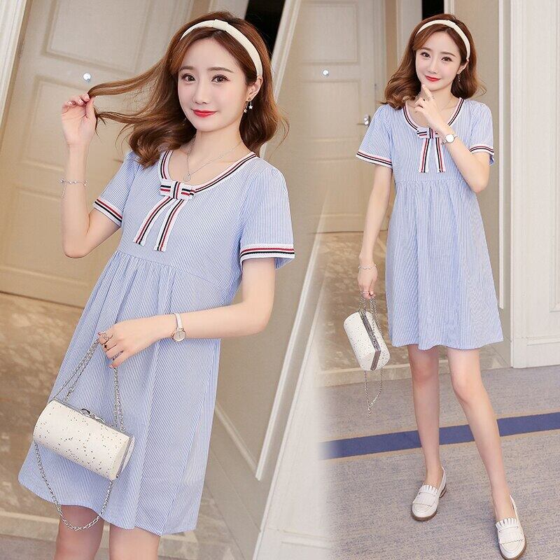 【新作】【送料無料】 8507＃マタニティドレスサマーコットン半袖ボウカラールーズスタイリッシュドレス妊婦ママドレス ショート リボン ハーフスリーブ 夏物 AL expec315263976253