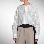 ZOZOTTE フロントショート丈 長袖シャツ/グリーン系ストライプ柄/古着リメイク/1点物