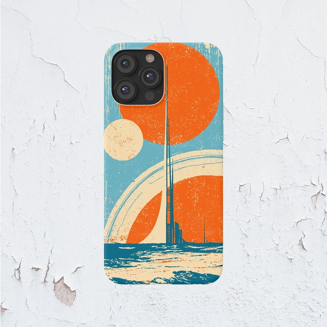受注生産 iPhoneケース オレンジ惑星と水平線の宇宙柄｜レトロ宇宙 RFSP032B