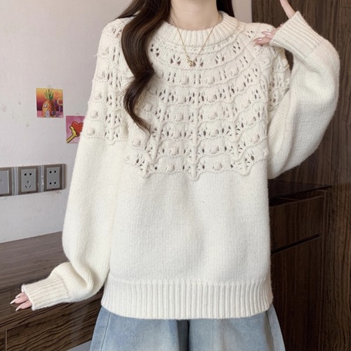 2色／クルーネックポンポンニットプルオーバー ・73133