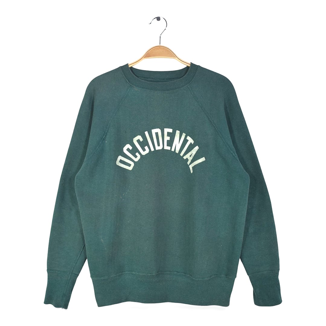 60s OCCIDENTAL ヴィンテージ スウェット カレッジ アーチロゴ 脇ガゼット ダークグリーン サイズM相当 古着 CF0998