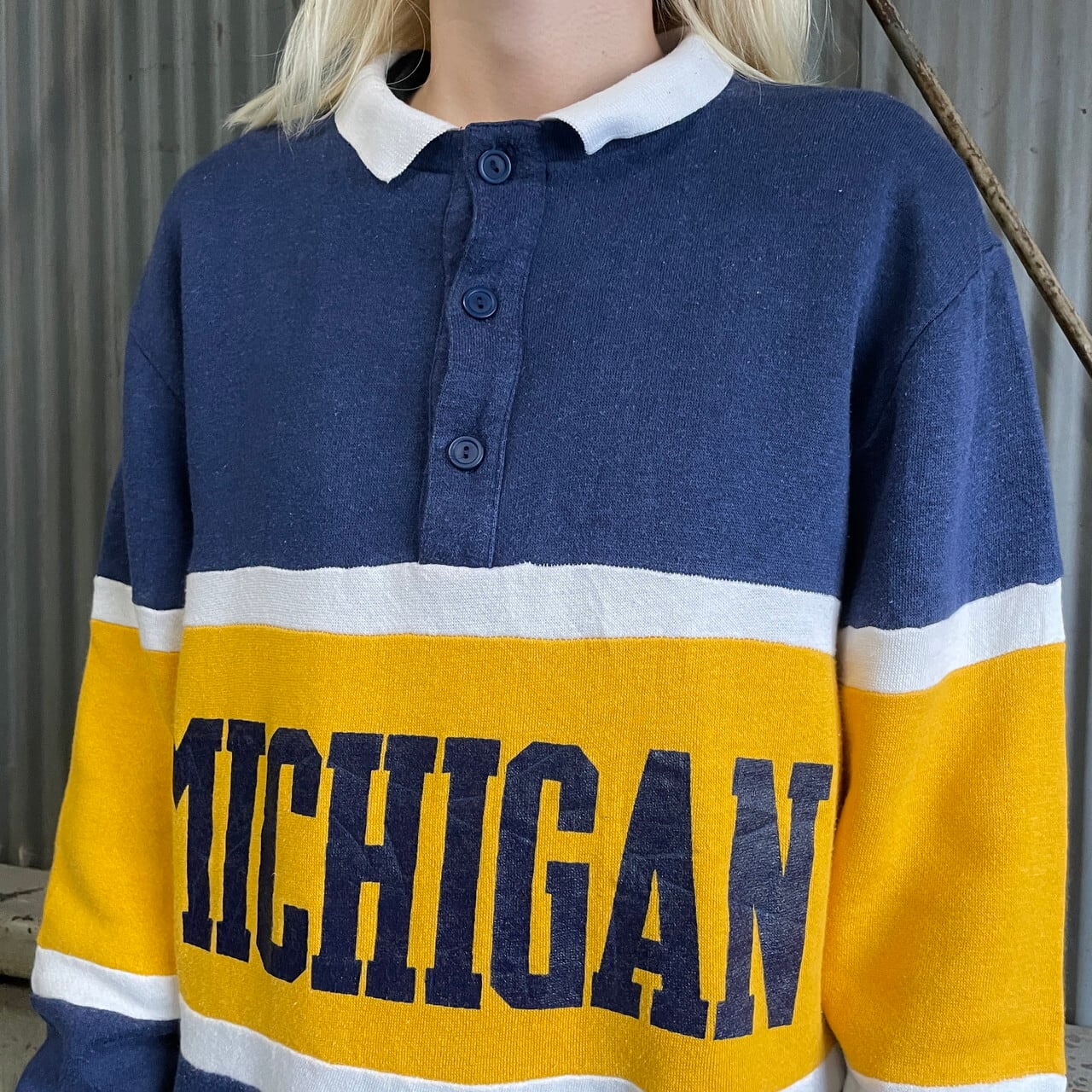 90年代 USA製 MICHIGAN カレッジロゴ プリント スウェットポロシャツ