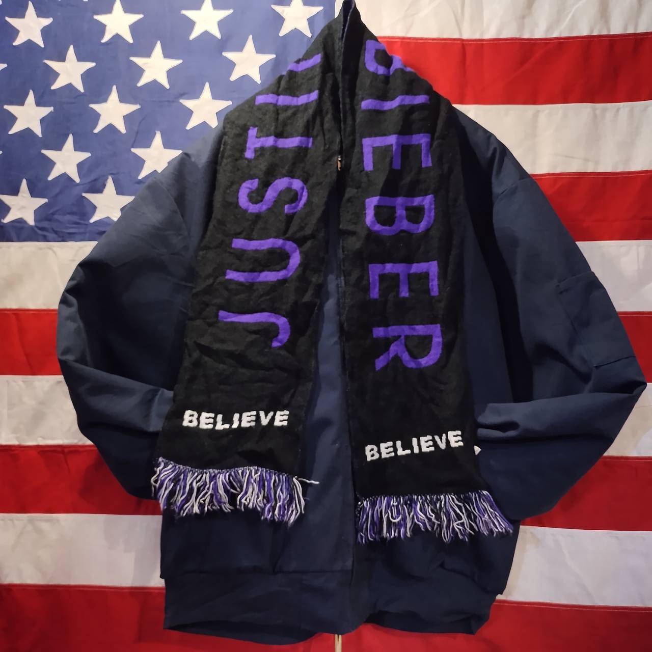 Used マフラー◆Justin Bieber ブラック×パープル◆USA古着 サッカーマフラー