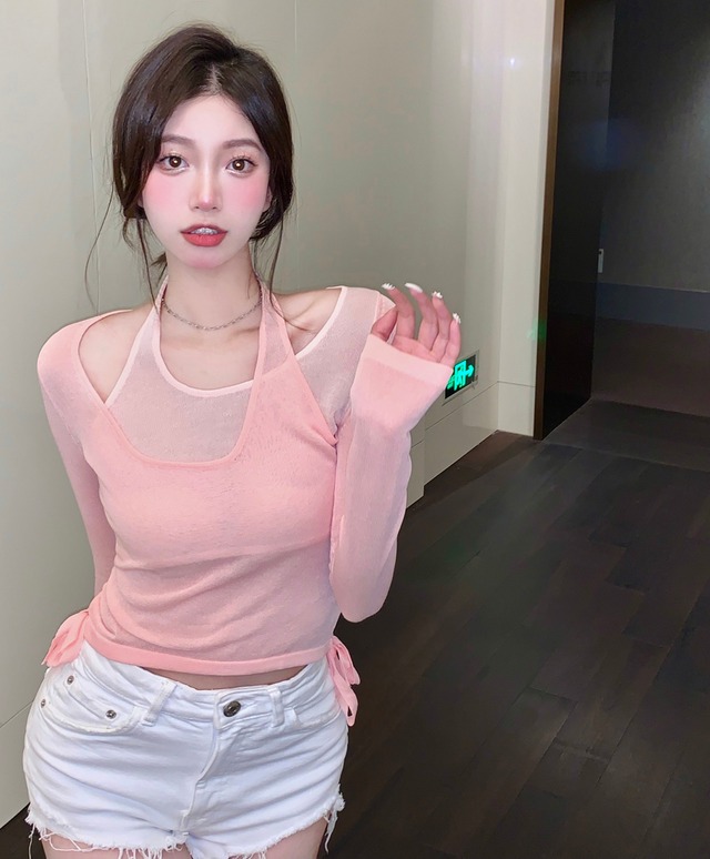 Tシャツ レディースサマー薄手ストラップレスショートトップス ロング ピンク 夏物 ピュア ブラックストロベリース64227761168