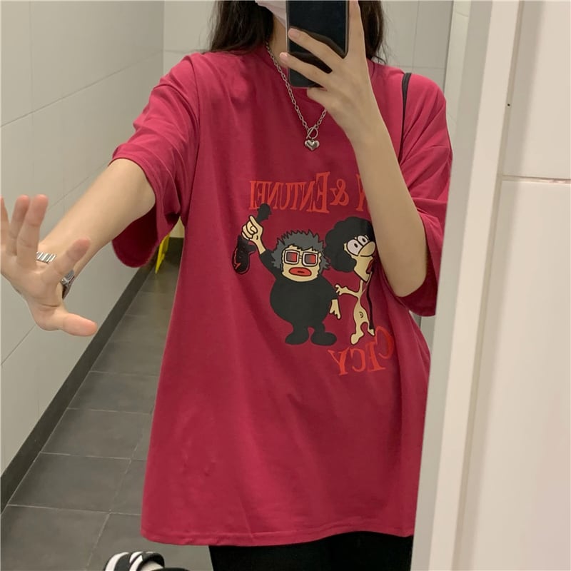 プリントサマーラウンドネックルーズTシャツ カジュアル コットン 夏物 Oネック ケッペル67025663976