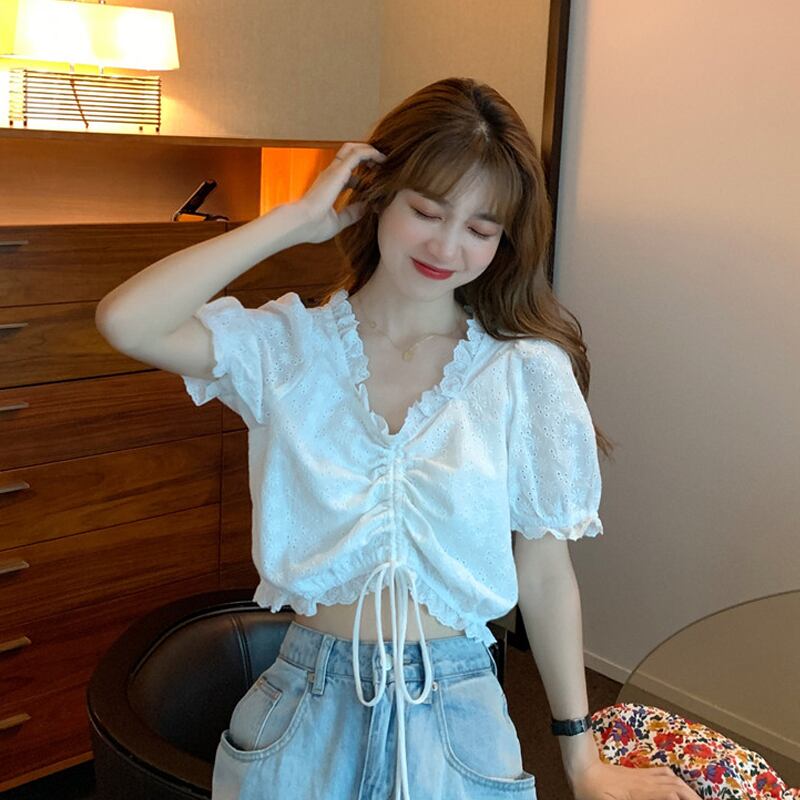 サマーVネックスリーブシャツ ギャザープリーツショートトップス 夏物 1号婦人39815734152