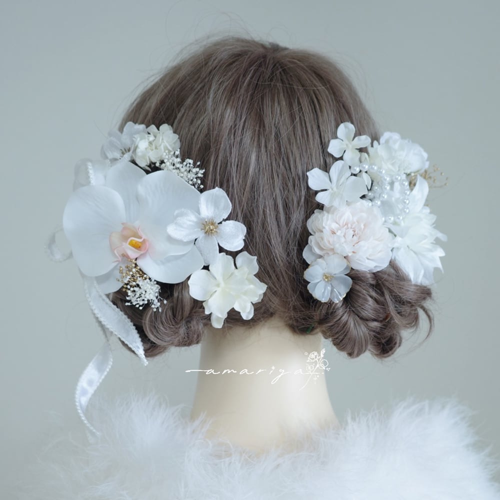 髪飾り 胡蝶蘭と2種のダリアとローズ