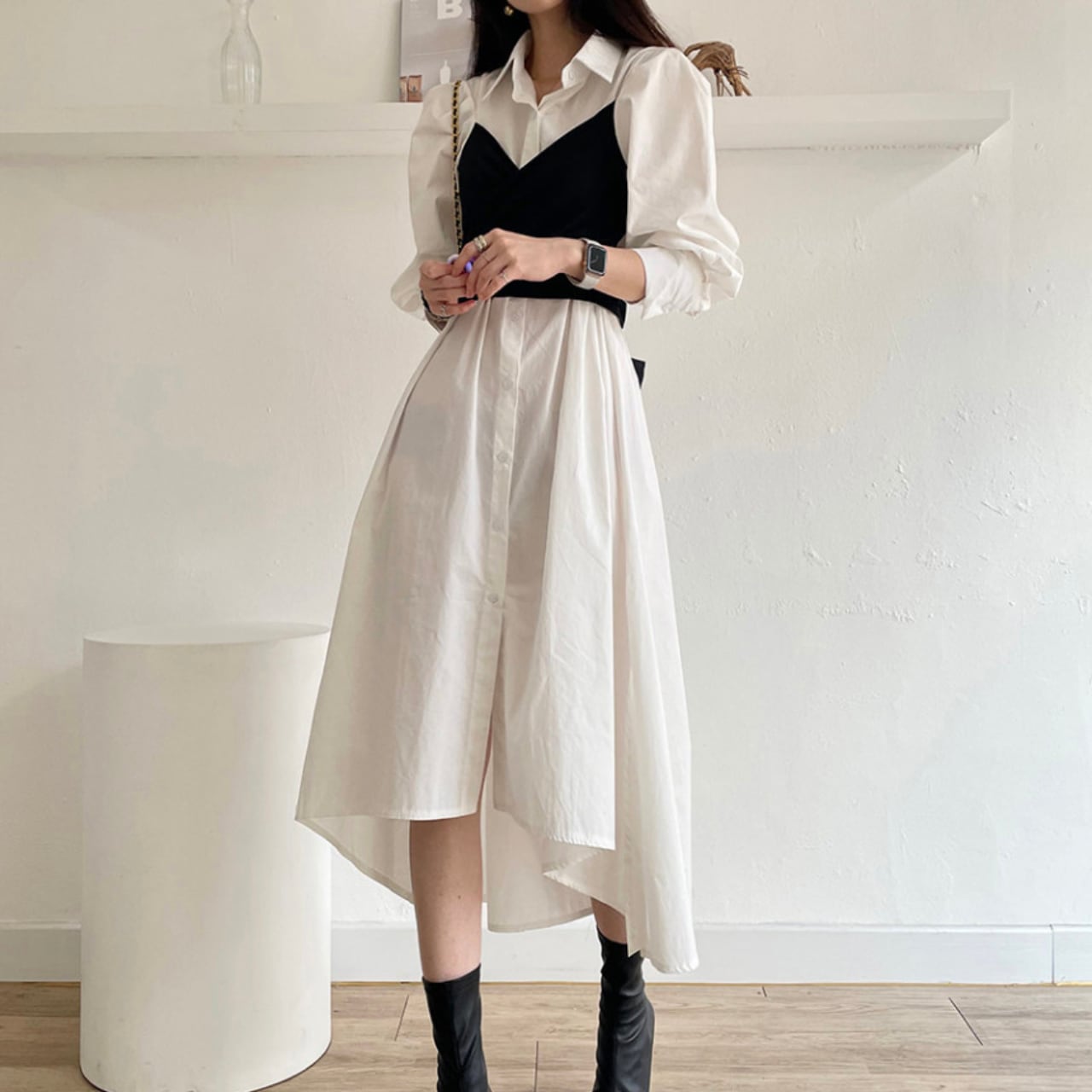 レイヤードデザイン シャツワンピース 2color W74