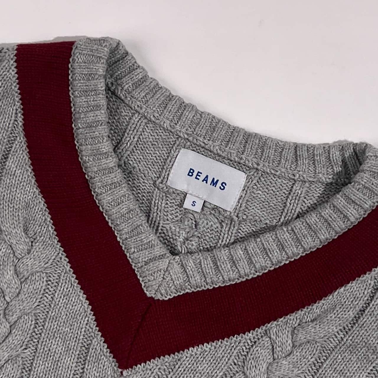 BEAMS ビームス Vネック ケーブル編み コットン チルデンニット セーター S/グレー系 メンズ