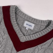BEAMS ビームス Vネック ケーブル編み コットン チルデンニット セーター S/グレー系 メンズ