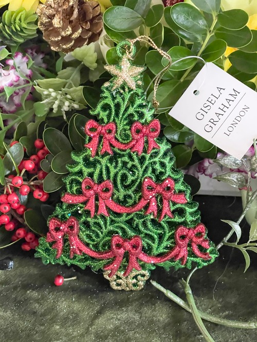 『GISRLA GRAHAM』London  グリッターツリー オーナメント Gisela Graham Green Glitter Christmas Tree With Red Bows Tree Decoration イギリス製の画像