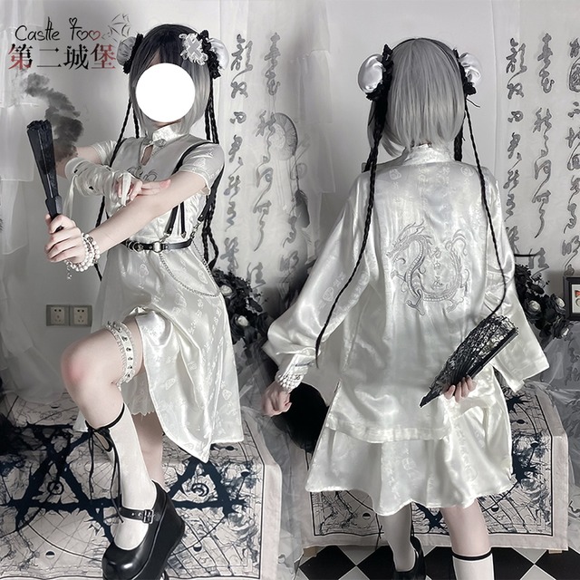【即納Ｍ】 【華ロリ】サテン地 龍刺繍 半袖 ワンピース 白 チャイナドレス風 ロリータ ハーネスベルト付 ゴスロリ