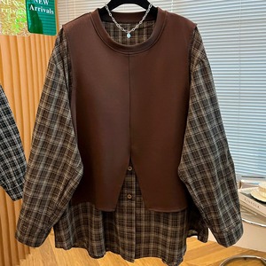 FAKE-2-PIECE STITCH PLAID ROUND NECK PULLOVER TOP 2colors M-14814