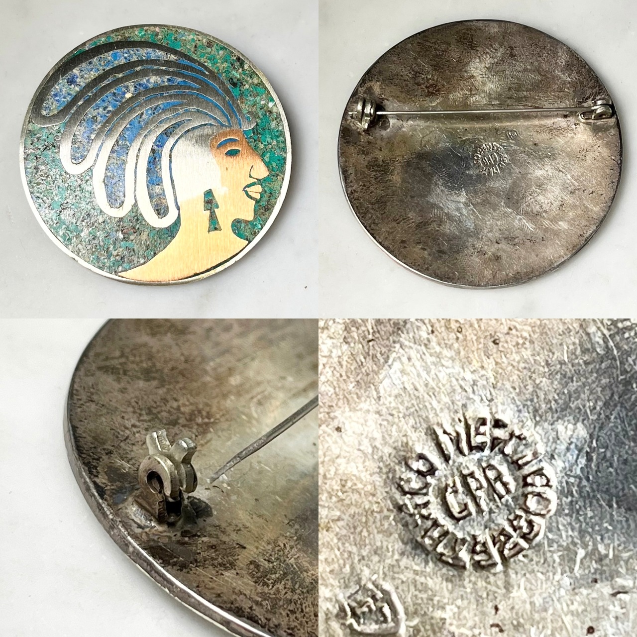 vintage Mexican silver tip inlay brooch " indian head "