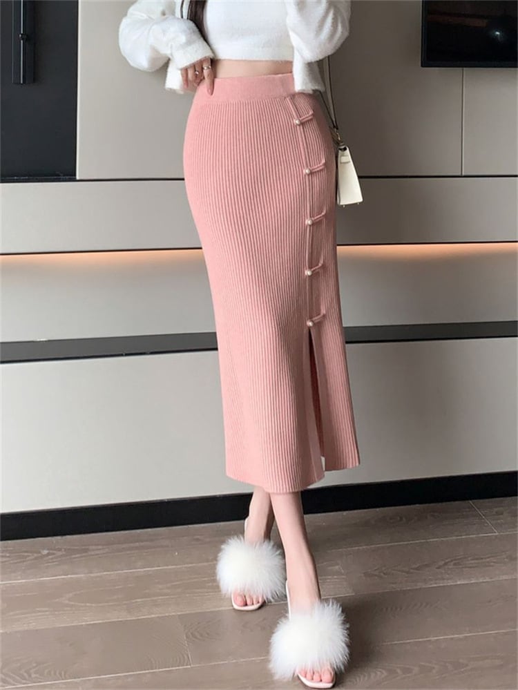 【bottoms】ハイウエスト ニットミディスカート L1023