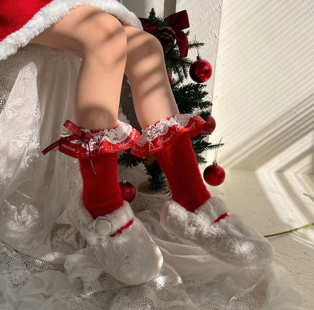 5色展開  キッズガール   クリスマスデザイン    フリルリボン靴下                        DK1296