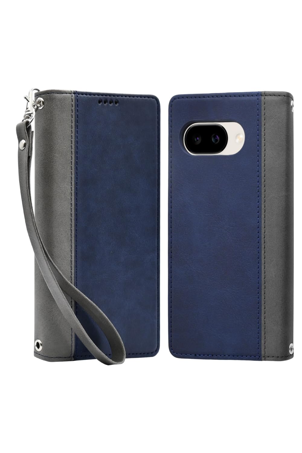 シズカウィル Google Pixel 9a ケース カバー 手帳型 本革調 レザーケース ネイビー×グレー 1個入り