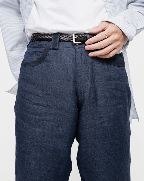 -Dead Stock-[90's] "Smalto" Pure Linen Leather Trim Trousers (Made in Italy)