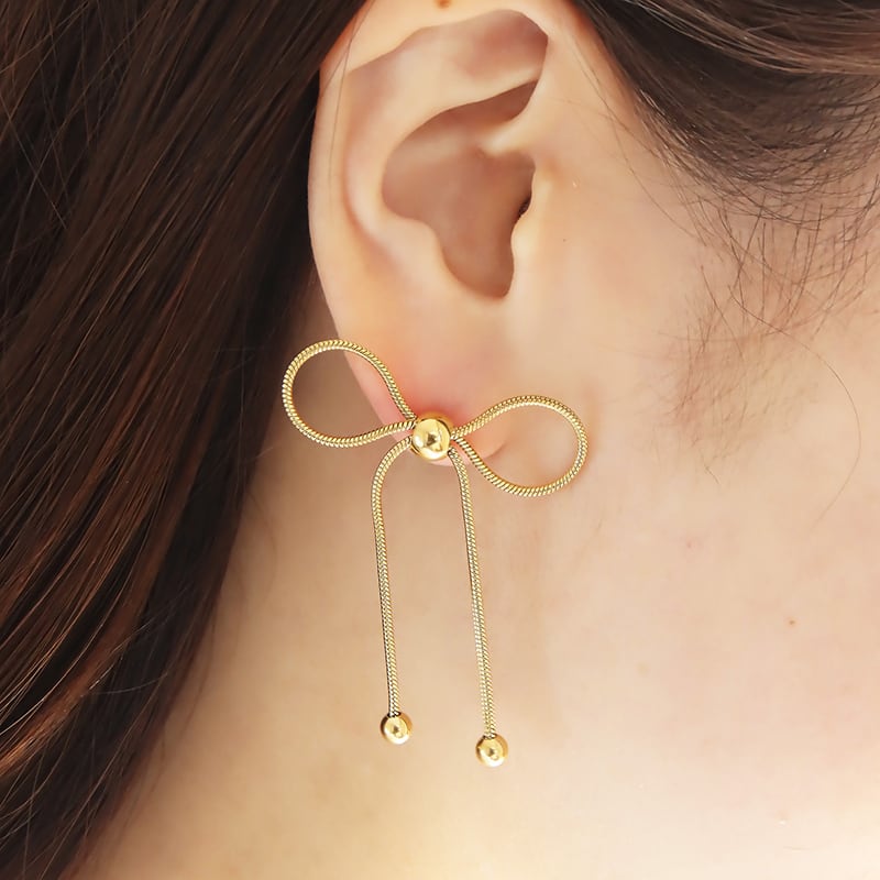 ネコポス便】ピアス リボンピアス 大ぶり 大きめ スネークチェーン