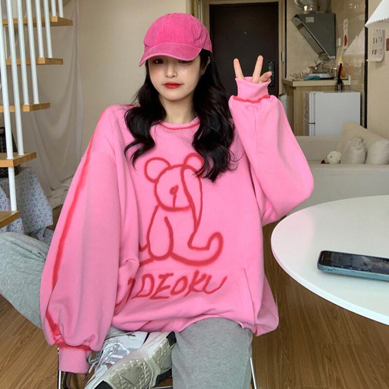 ラウンドネックセーター スプリングプリントシャツ ロング ピンク 春物 Oネック 試着室83090359682