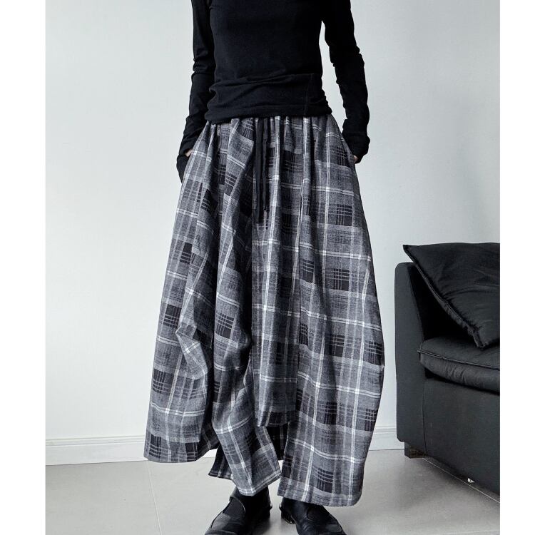 ドローストリング アシンメトリー マキシ丈 チェック柄 スカート ◆2col R30253