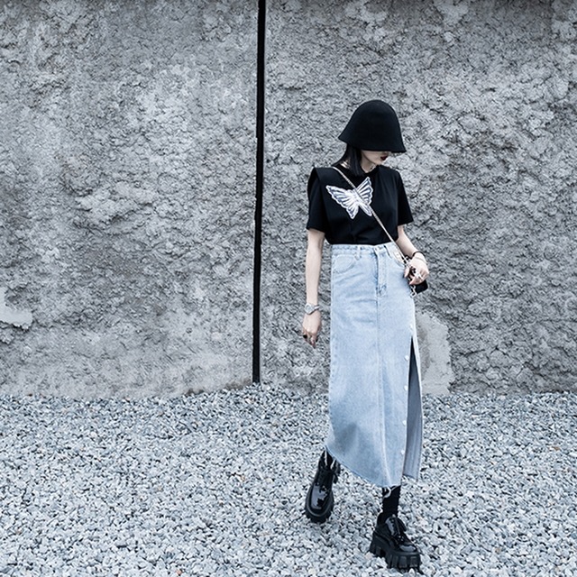 モード系 春夏服 ロングスカート デニム 切りっぱなし サイドスリット 美脚 大人きれい ハイウエスト 黒ゴス おしゃれ ストリート系 オルチャン 10代 代 Dressyなモード系 ゴシック専門店 Ladies Fashion Seasonz