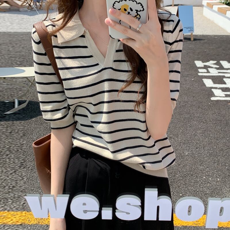 ストライプカラーニットサマースタンダードルーズトップス レトロ 夏物 試着室5359296102