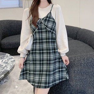 ワンピース レディース 送料無料 ミニ丈 長袖 レイヤード ハイウエスト カジュアル 春秋 124979