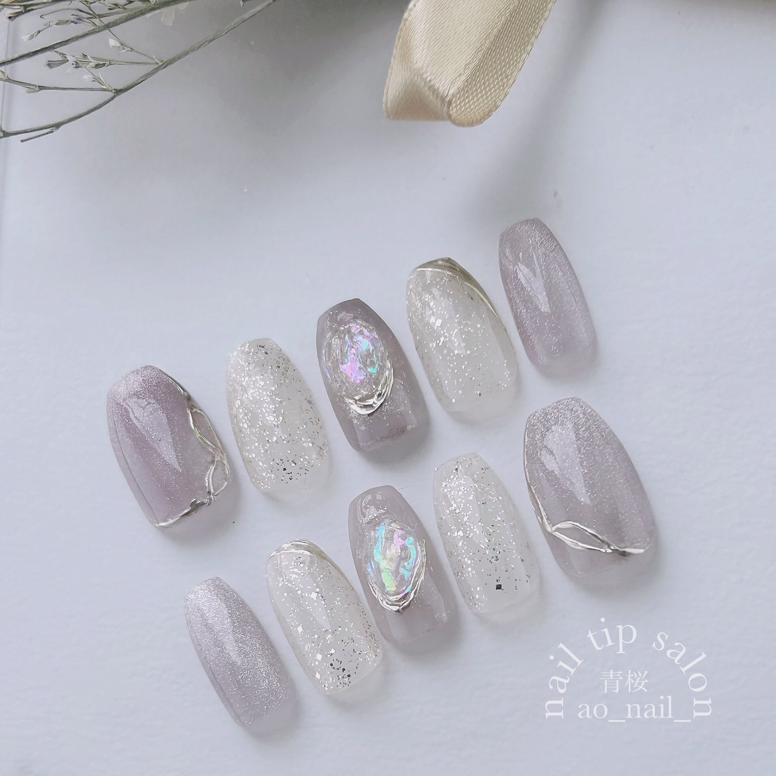 No.5くすみパープル×マグネット×ミラー×オーロラデザイン | ao_nail_