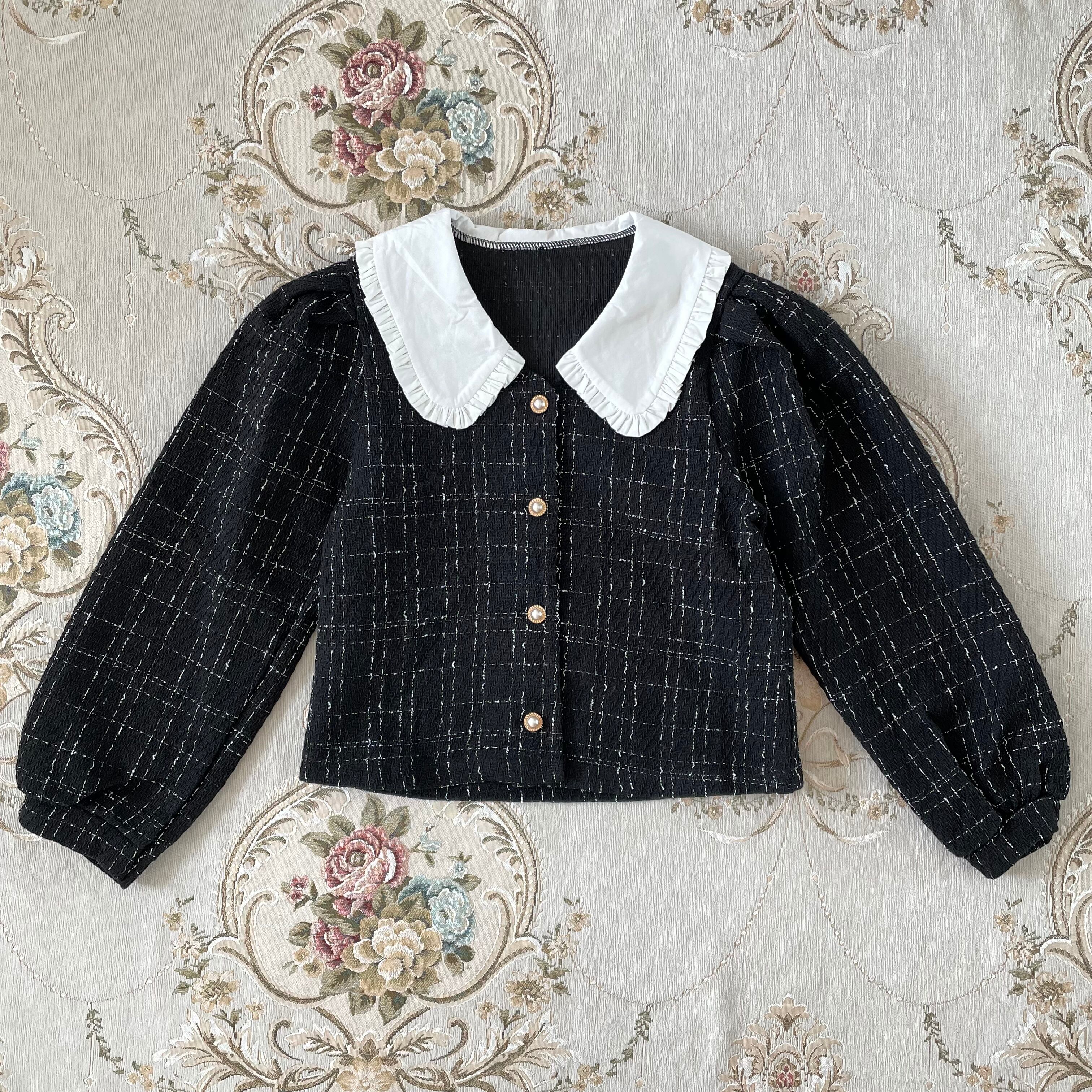 frill collar pearl button jacket -BLACK