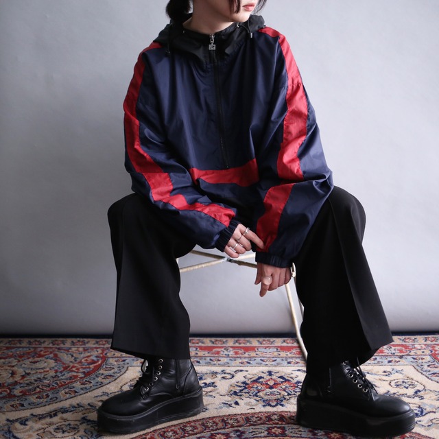 3-tone switching design loose high-neck anorak parka