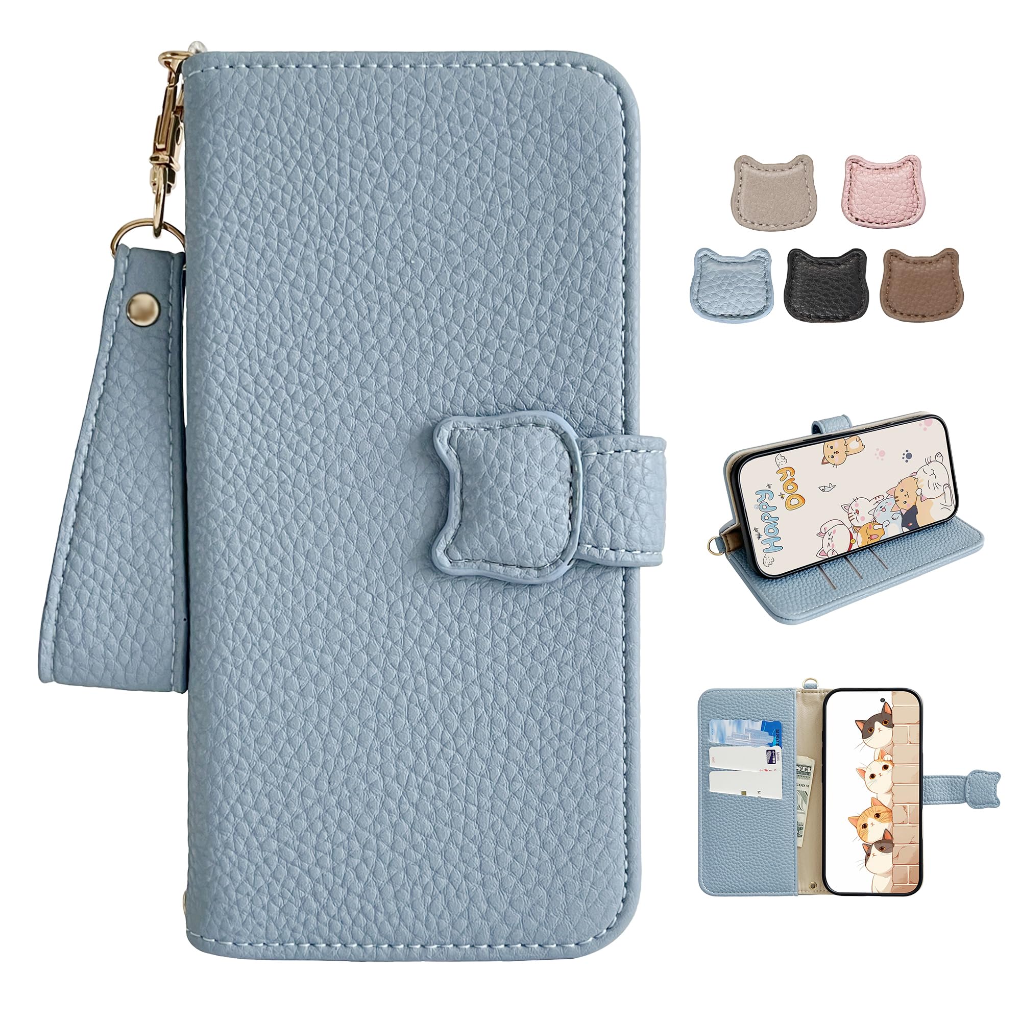 Kahper iphone 17 用ケース 手帳型 猫耳 アイフォン17 ケース 手帳型 ストラップ付き あいふおん17 手帳ケース 可愛い 軽量 耐衝撃 アイホン17 携帯カバー 財布型 カード収納 スタンド機能 マグネット式 PUレザー 耐汚れ おしゃれ 女性 ブルー