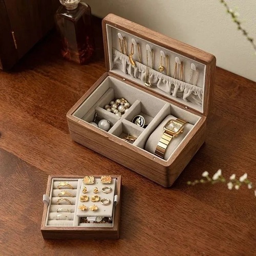 ジュエリーボックス 収納ボックス 宝石箱 木製　ハンドジュエリーポータブル　ブラックウォールナット　イヤリング　ネックレス収納　２層式　指輪　イヤリング　ネックレス　腕時計　大容量　ユニセックス　プレゼント