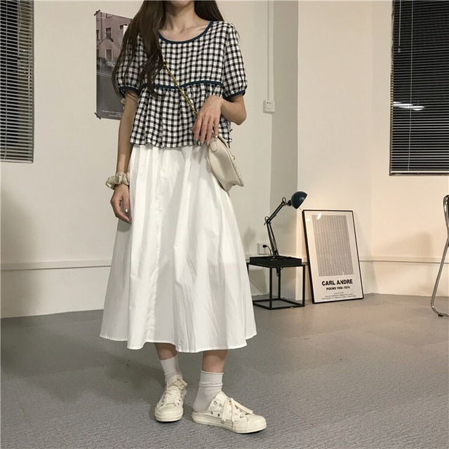 チェック柄フリルシャッ＋スカート　A0933