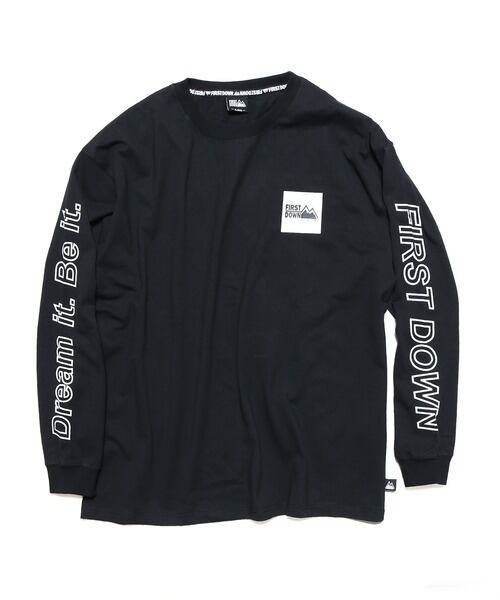 FIRST DOWN (ファーストダウン) L/S TEE 袖プリント スクエアロゴ 長袖Tシャツ/ロンT ブラック F872502