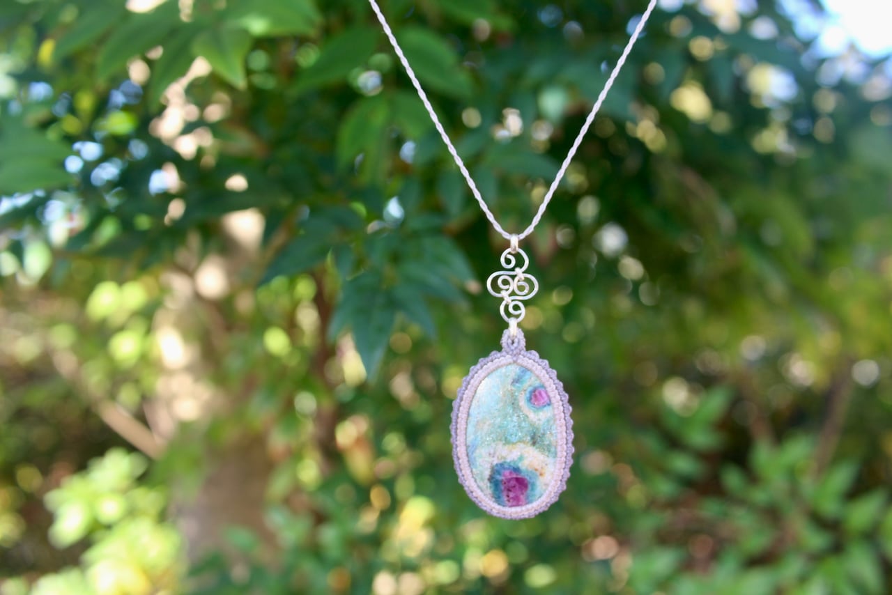 Ruby in Fuchsite silver925 wire work micro macrame pendant