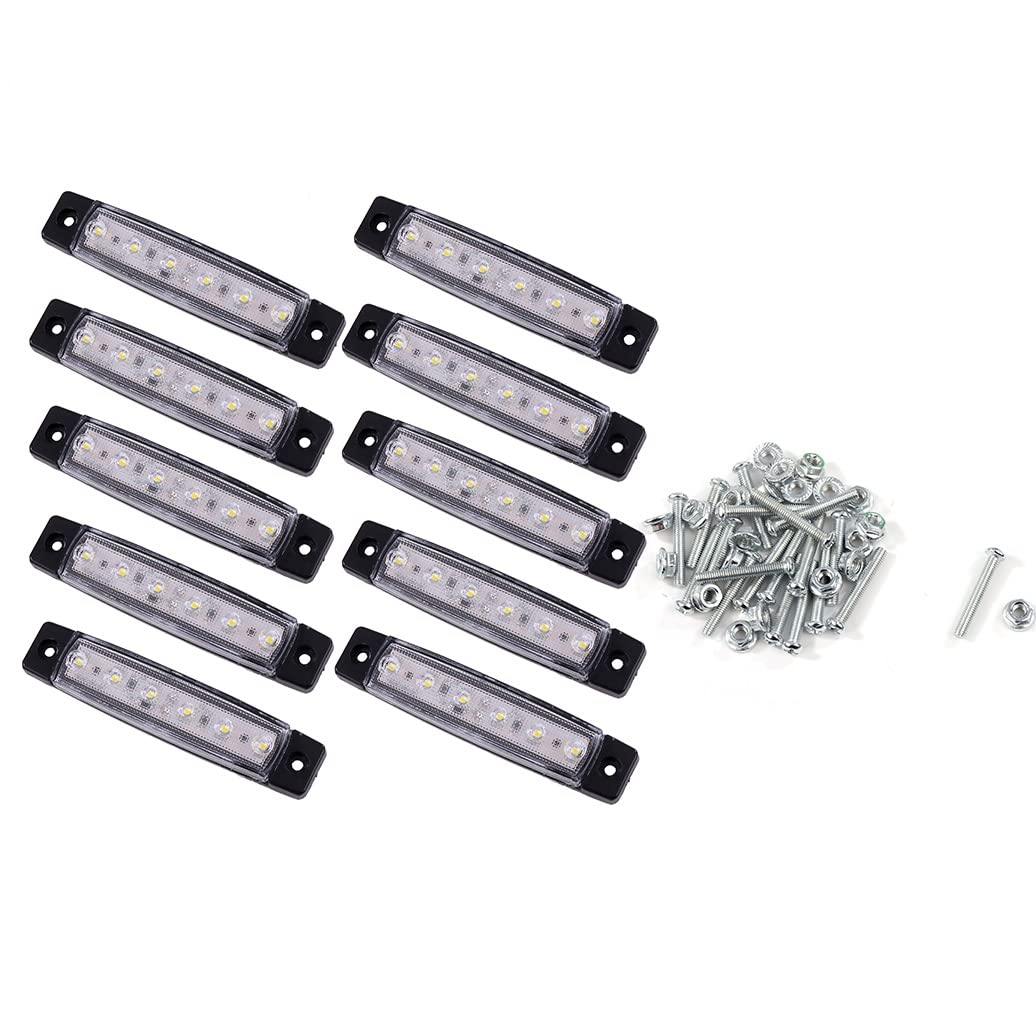 汎用 12V 防水 片側 6連 LED サイドマーカー【 ホワイト 100 × 20mm 10個セット 】トレーラー デコトラ カスタム 電飾 交換