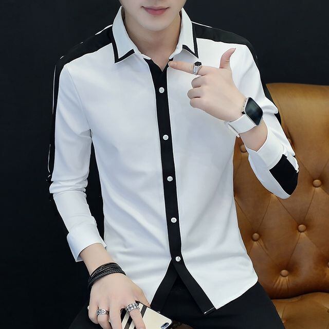 【予約販売】シャツ 長袖 メンズ バイカラー ホワイト ブラック モノトーン シック 結婚式 二次会 お呼ばれ こなれ感 お洒落 エレガント 韓国 トレンド 春 M/L/XL/2XL/3XL