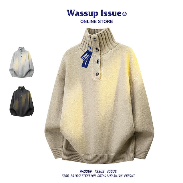 ♥ボタンデザインニット！【WSシリーズ】★セーター★ ユニセックス 3color ニットトップス ハイネック ボタンネック 無地