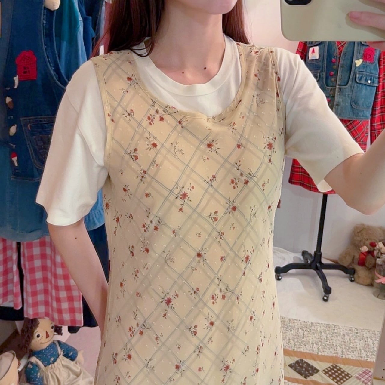 flower check sleeve less one-piece