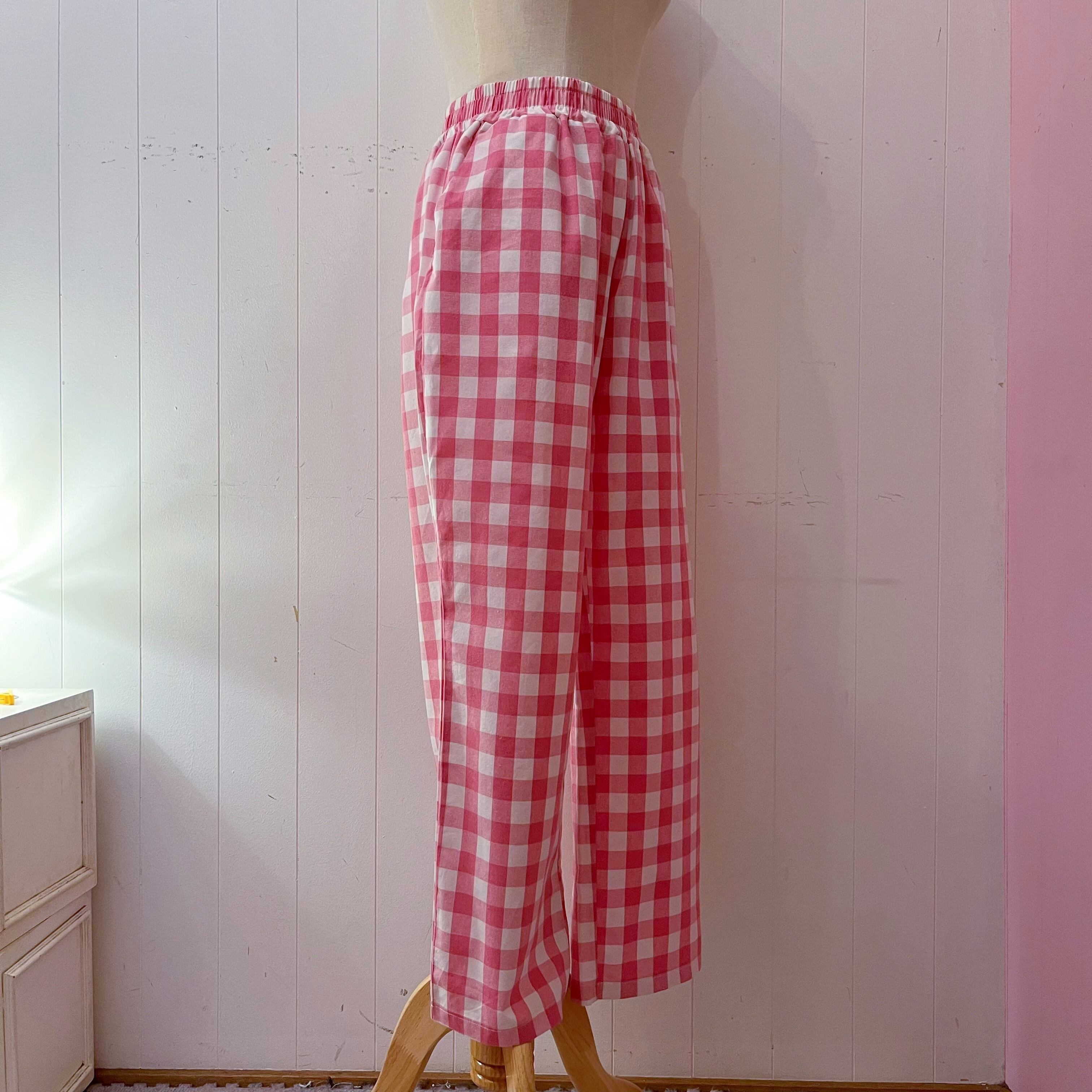 pink block check pants