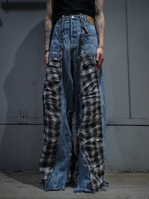 【add(C)vintage】"Original Remake" Levi’s Multiple Panels Pattern Ombre Check Shearing Design Rave Baggy Denim Pants
