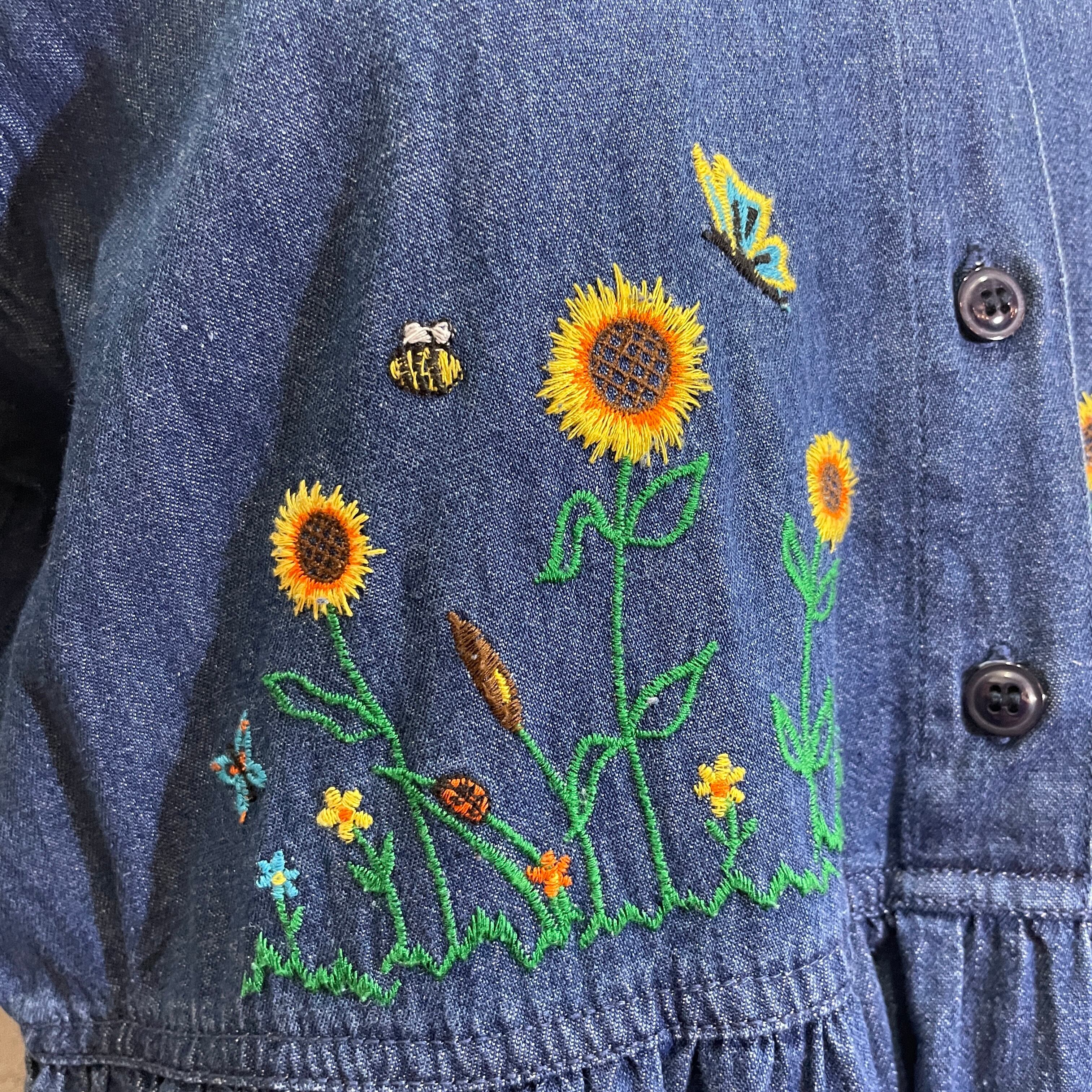 ひまわり刺繍 デニム ロングワンピース ヴィンテージ 古着 