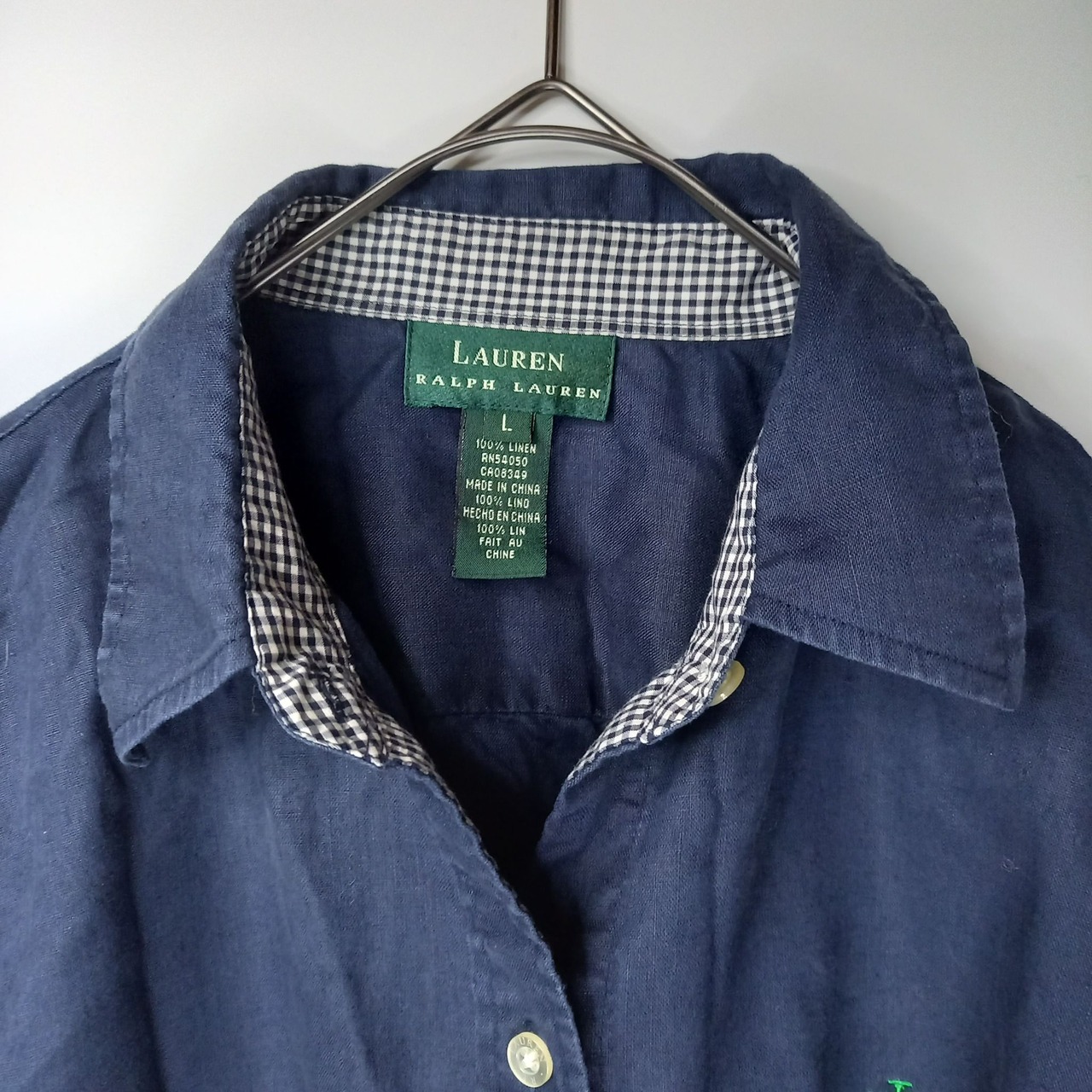 ローレンラルフローレン　リネンシャツ　刺繍ロゴ　ネイビー　L