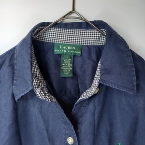 ローレンラルフローレン　リネンシャツ　刺繍ロゴ　ネイビー　L