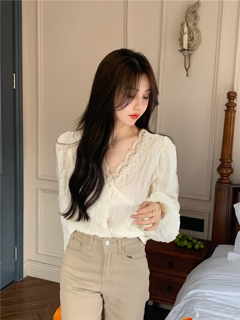 Vネックシャツ オータムレースブラウス ロング 秋物 ステッチ モンロー76684797638